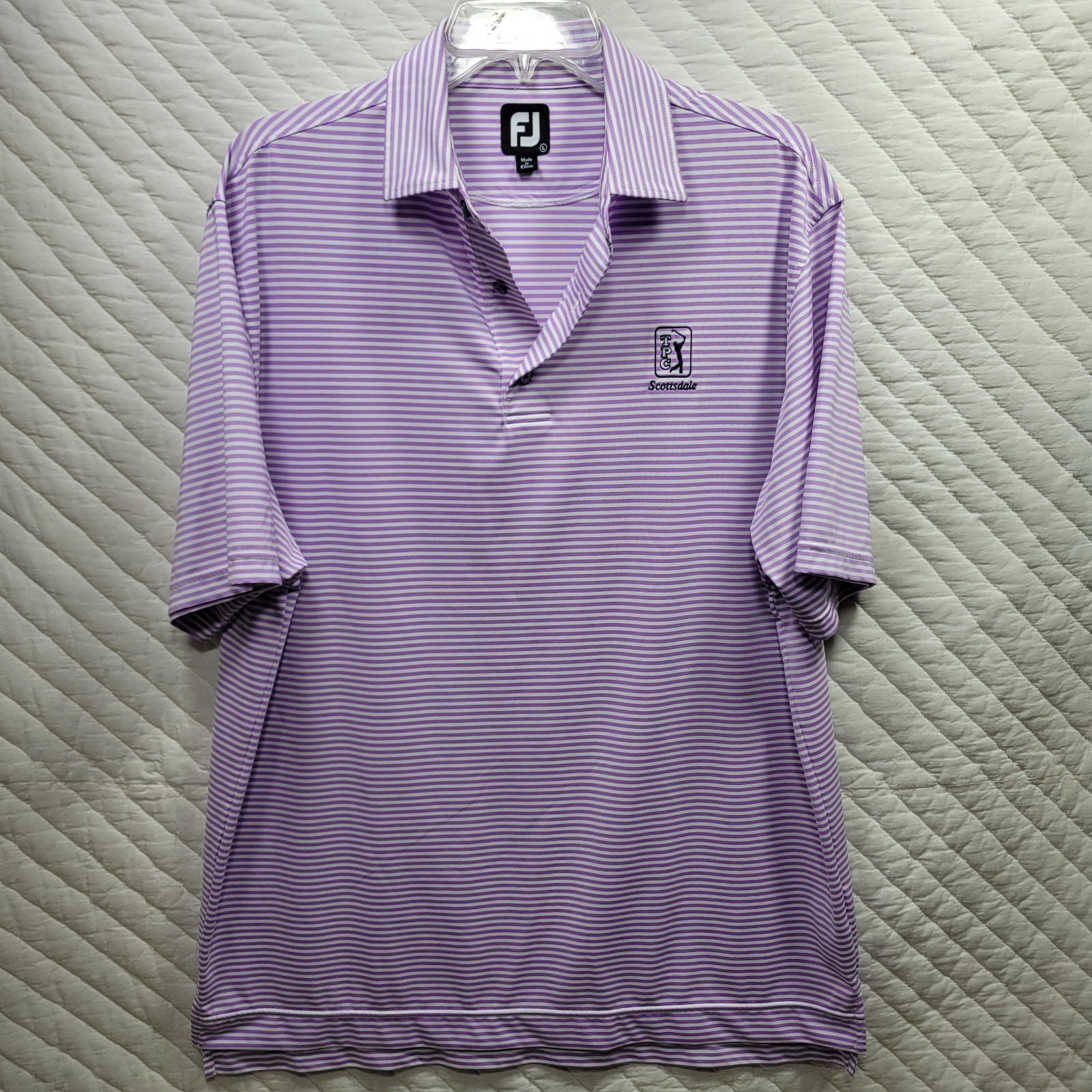 FootJoy Polo Shirt Men’s L White Purple Striped Short Sleeve Scottsdale Logo
