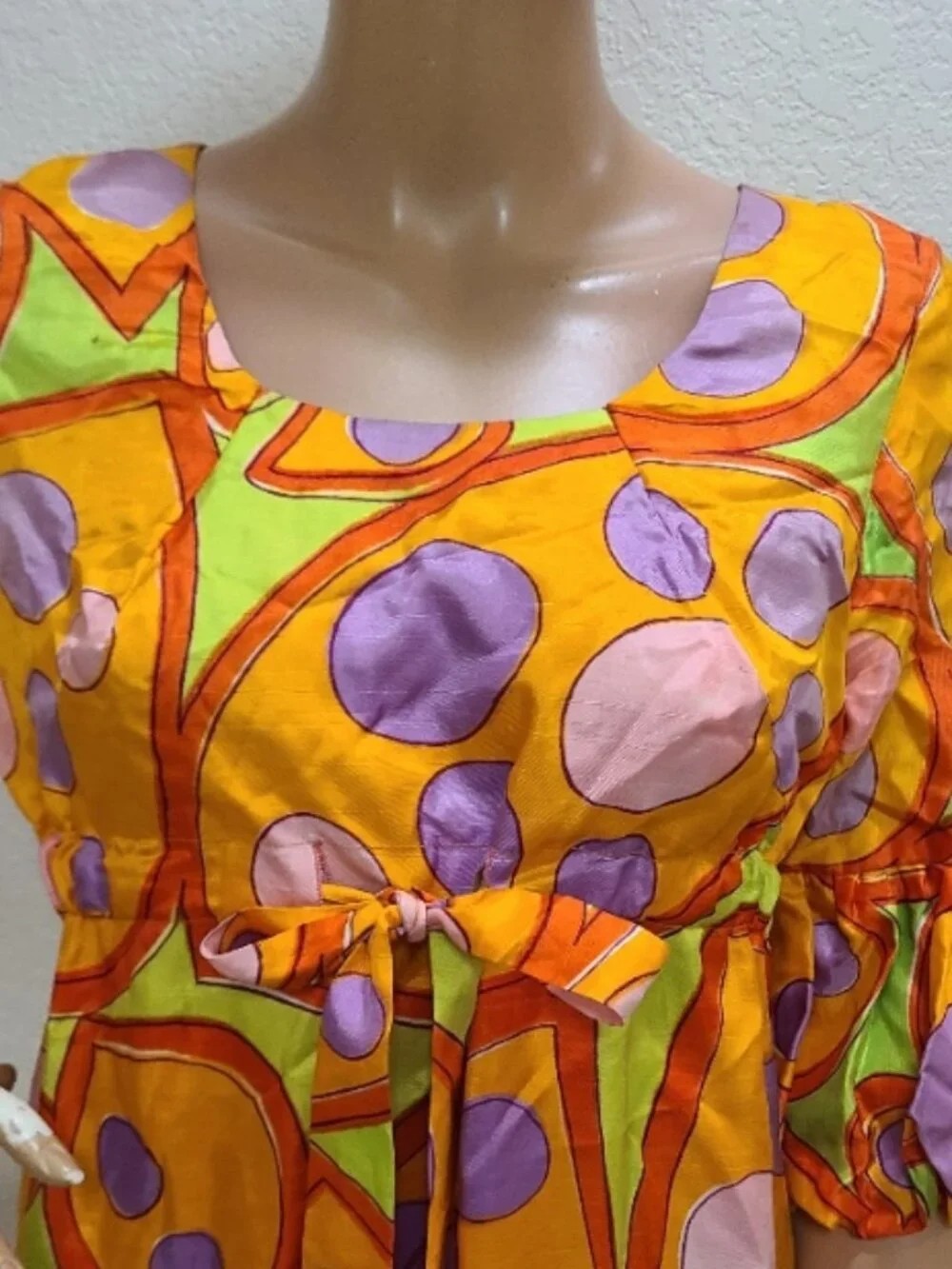 VINTAGE 1960s ALEX COLMAN BRIGHT PRINT CAFTAN HOUSE DRESS POLKA DOT GOWN sz S