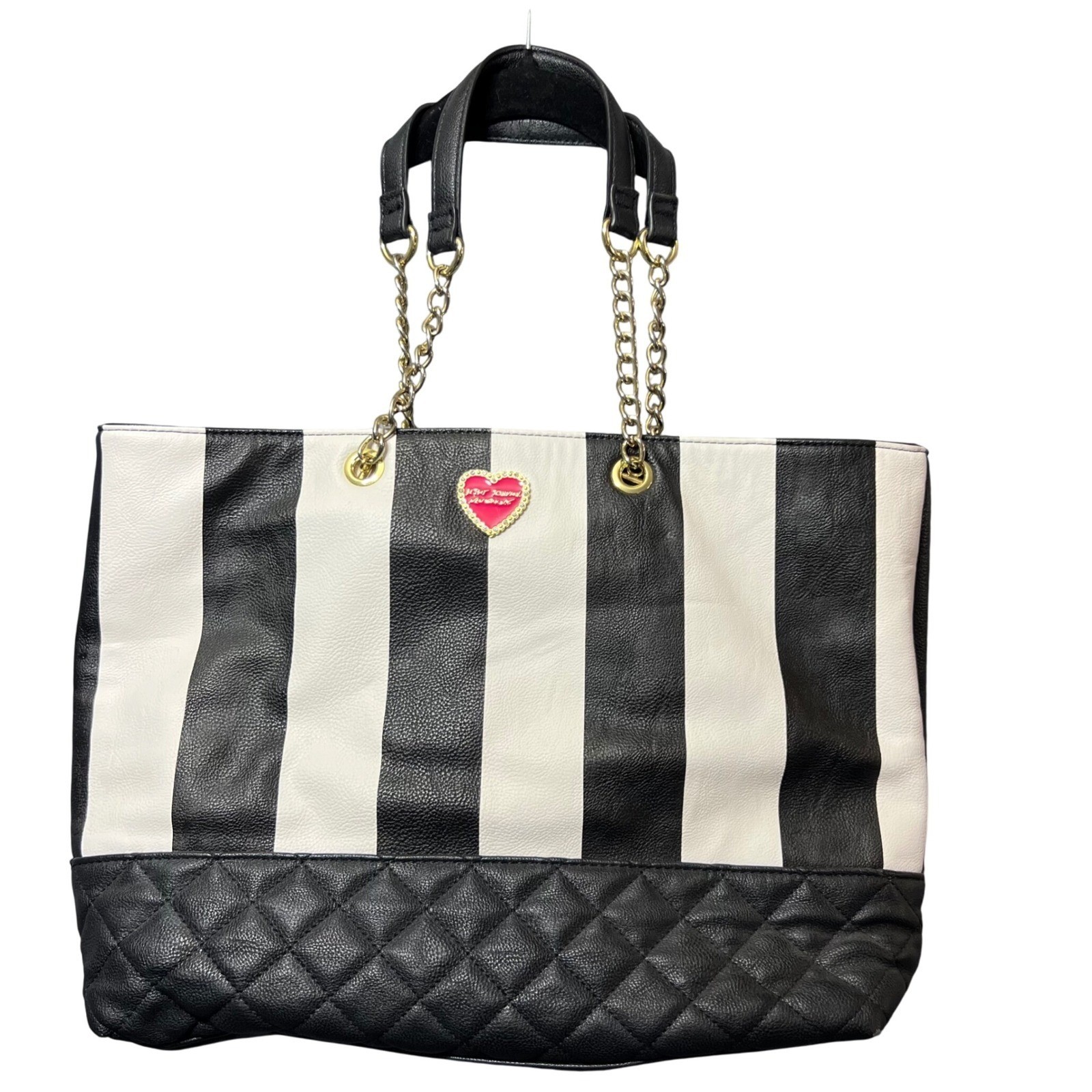 Betsey Johnson Tote Bag Striped Quilted Chain Strap Heart Charm Large Purse