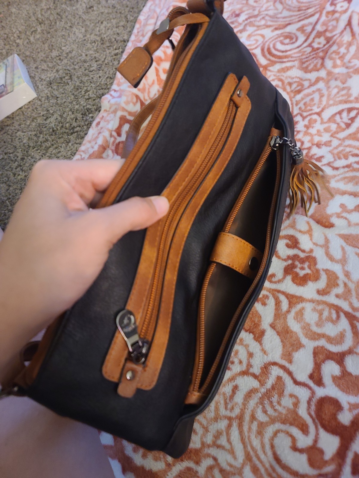 FADRON Black/Brown Medium Shoulder Bag Zip & Magnetic Tassel Inner/Outer Pockets