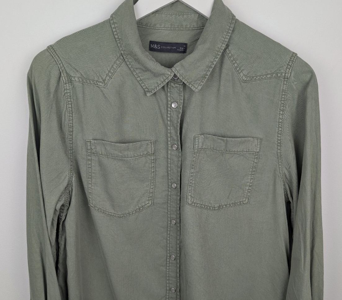 M&S Collection Lyocell Shirt | Womens UK 14 | Light Khaki Green Utility Blouse