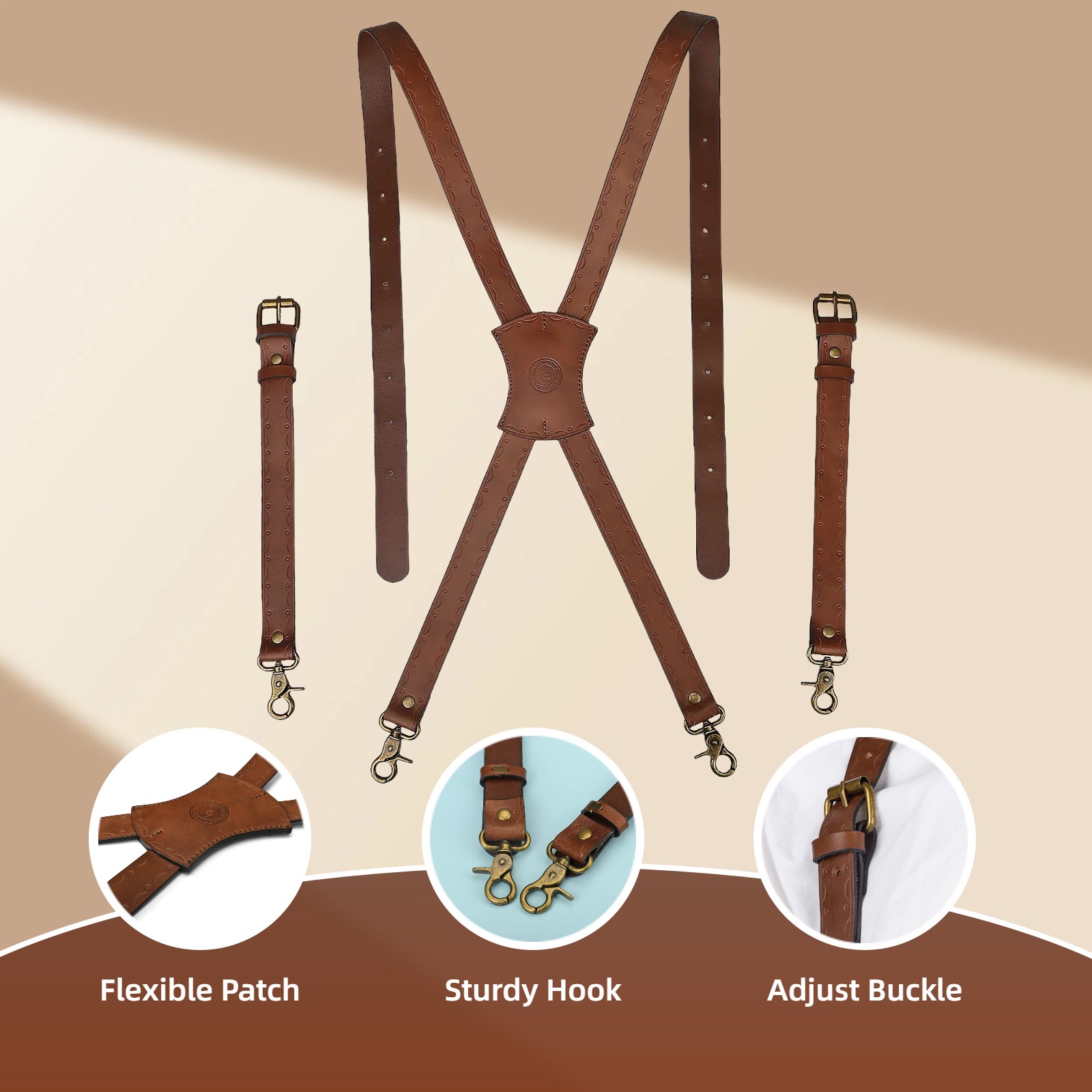 Vintage Leather X-Back Men Suspenders – Adjustable Heavy Duty Metal Hooks Casual