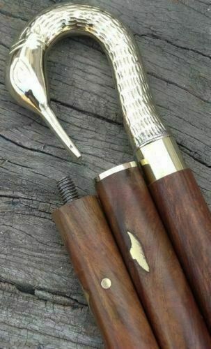 Walking Handle Swan Stick Brass Cane Wooden Head Vintage Antique