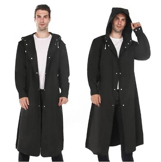 Men Black Waterproof Long Raincoat Hooded Trench Jacket Outdoor Hiking Rain Coat