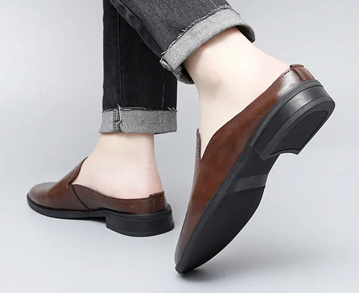 Mens Summer Mules Leather Slippers Closed Toe Slip On Casual Shoes Loafer 2025
