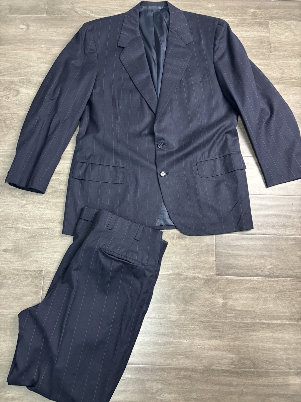 Oxxford Clothes Suit Sz42R Pants 34×29 Black striped Super Worsted Wool 2 Piece