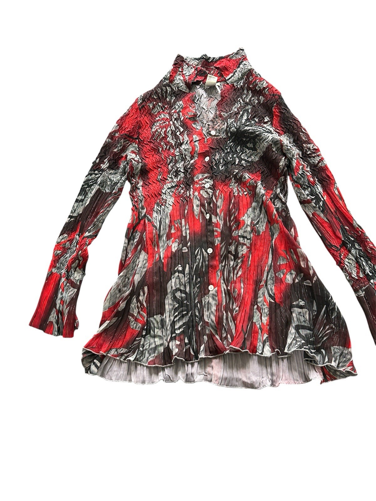 Alberto Makali Y2K Crinkle Pleated Blouse Red Gray Abstract Bell Sleeve Tunic L