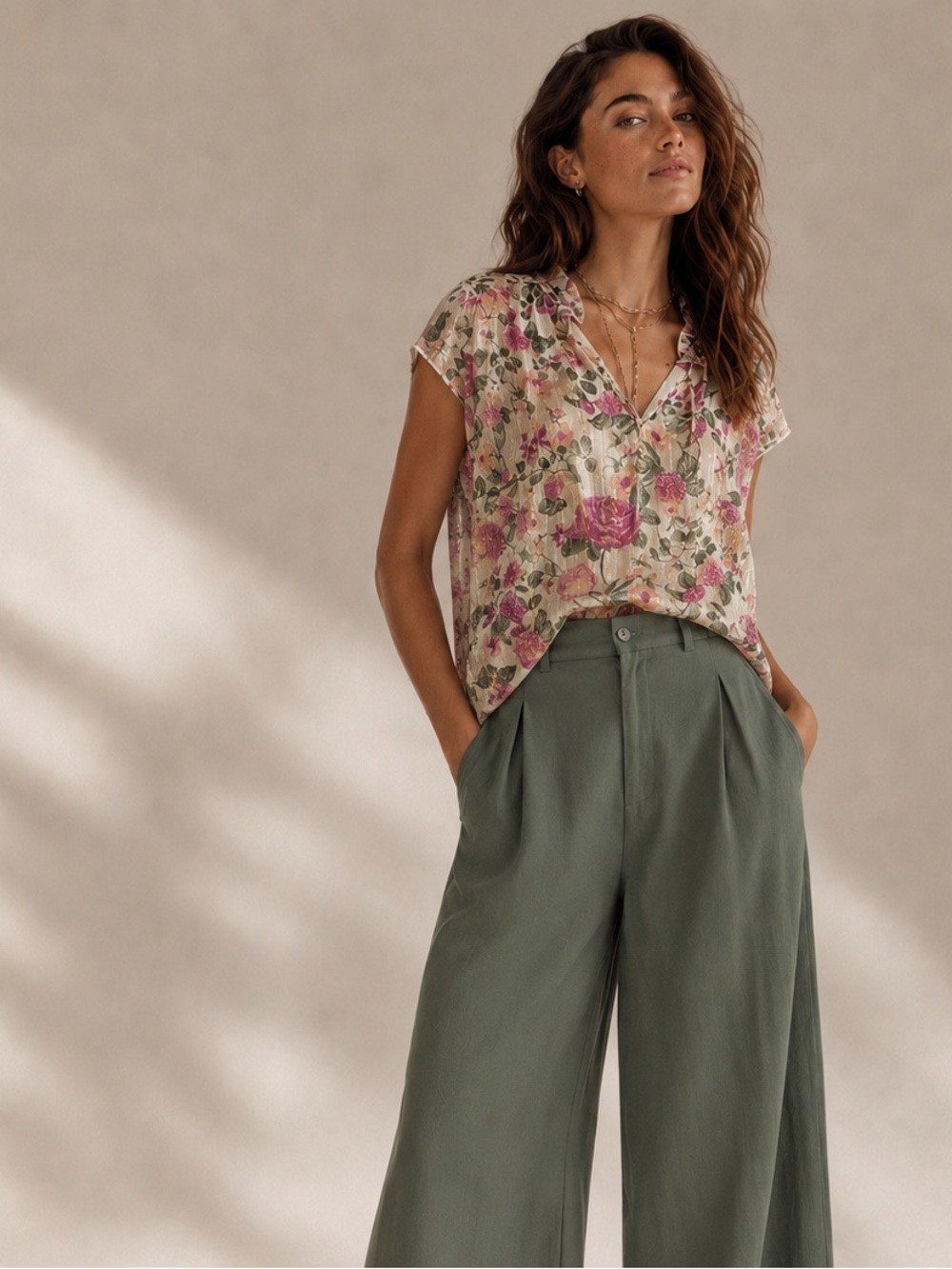 Romantic Floral Lurex Blouse Ruffle Sleeve Detail