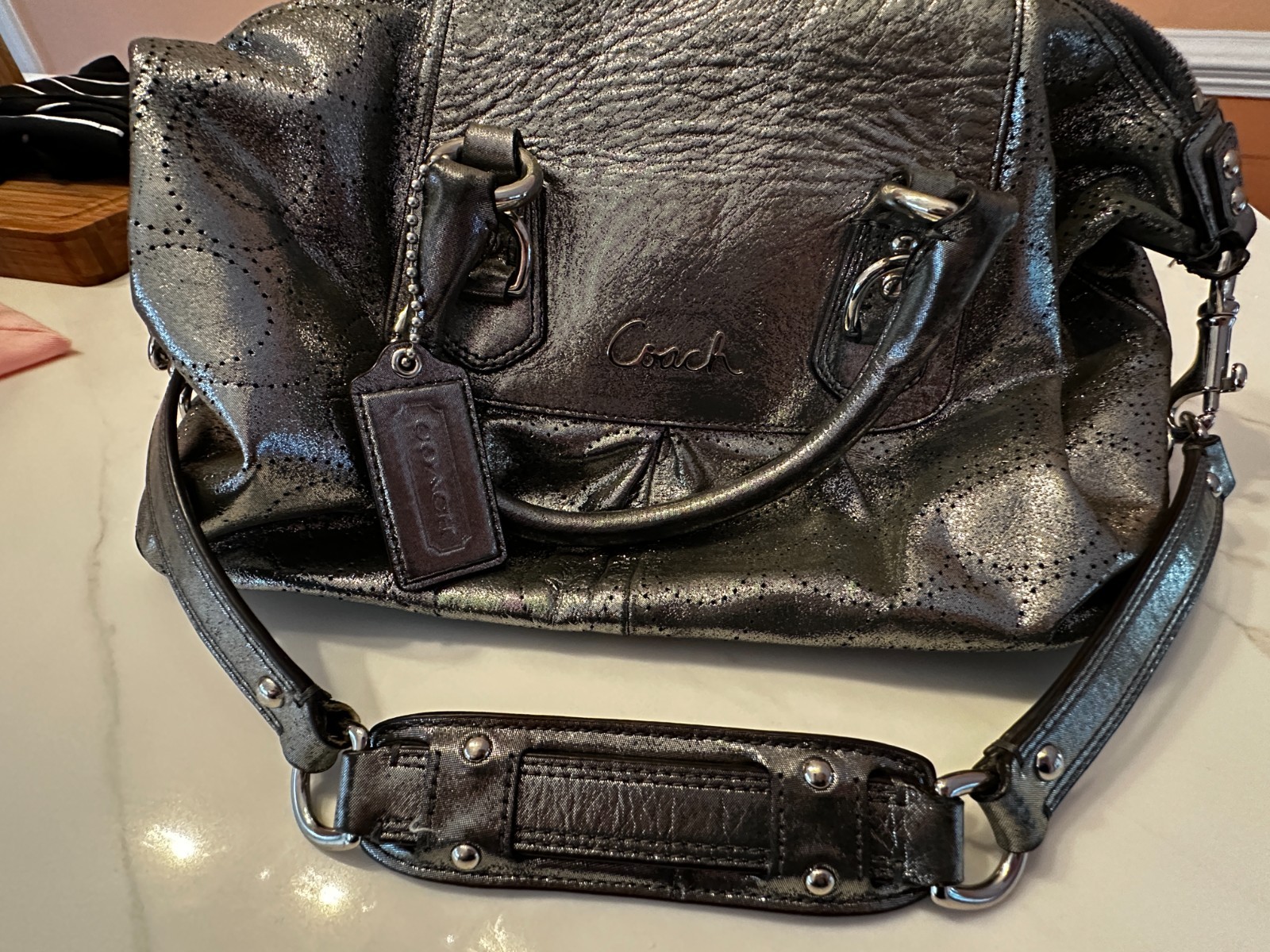 COACH Metallic Silver Perforated Leather Ashley Double Handle W Strap Handbag