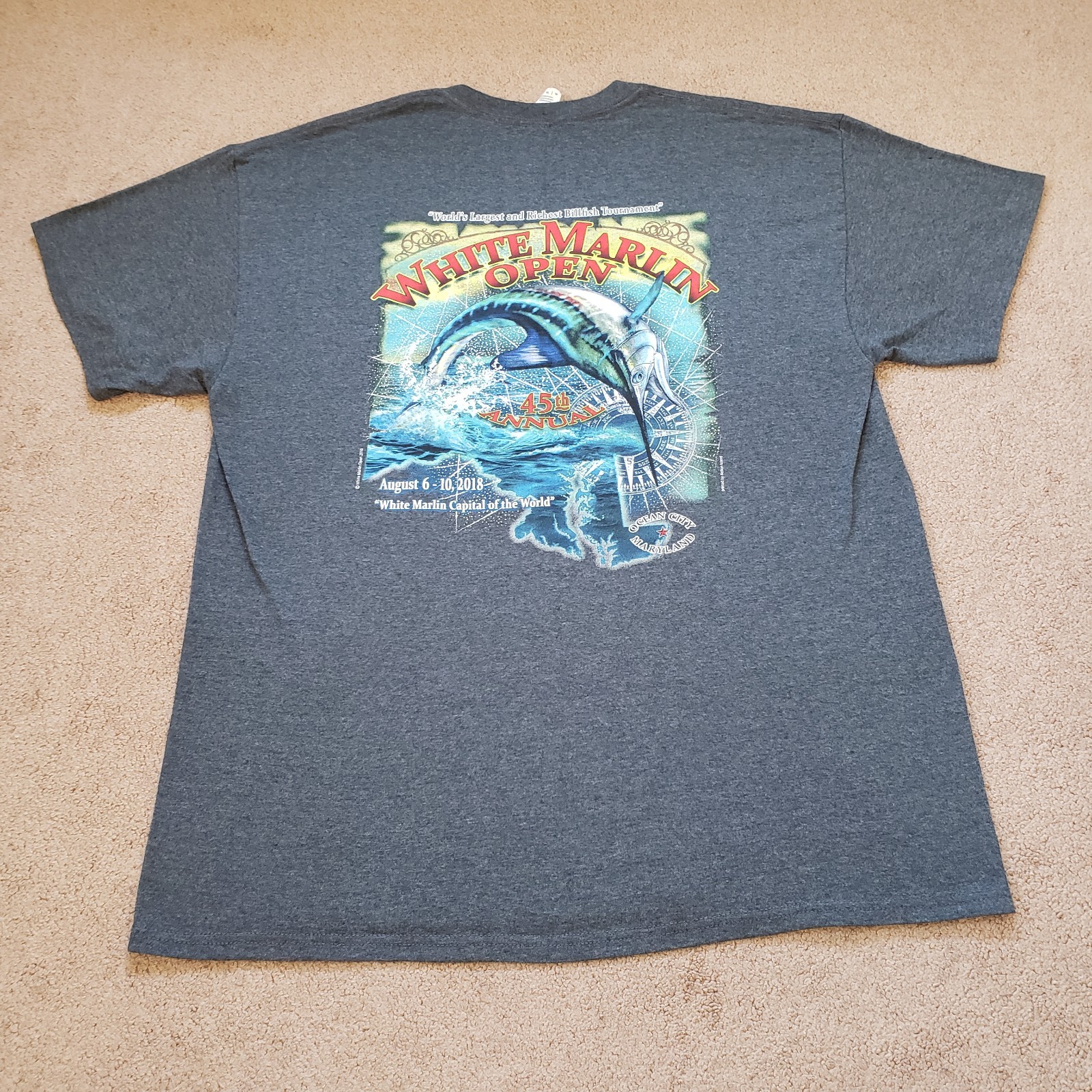 2018 White Marlin Open Size XL Mens Gray Double Side T-Shirt 45th Annual Fishing