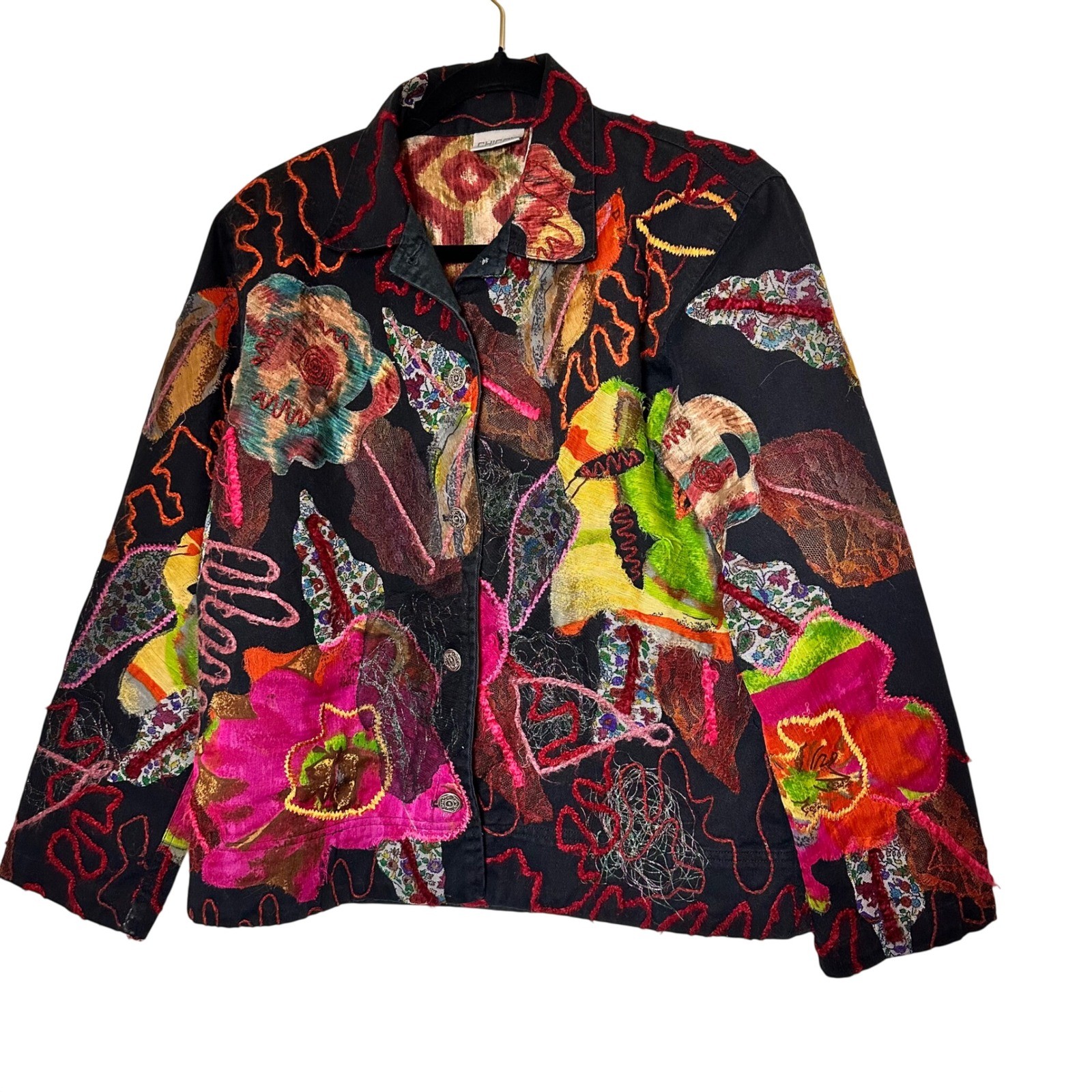 Chico’s Women Size 1 Black Floral Applique Embroidered Art To Wear Jacket Cotton