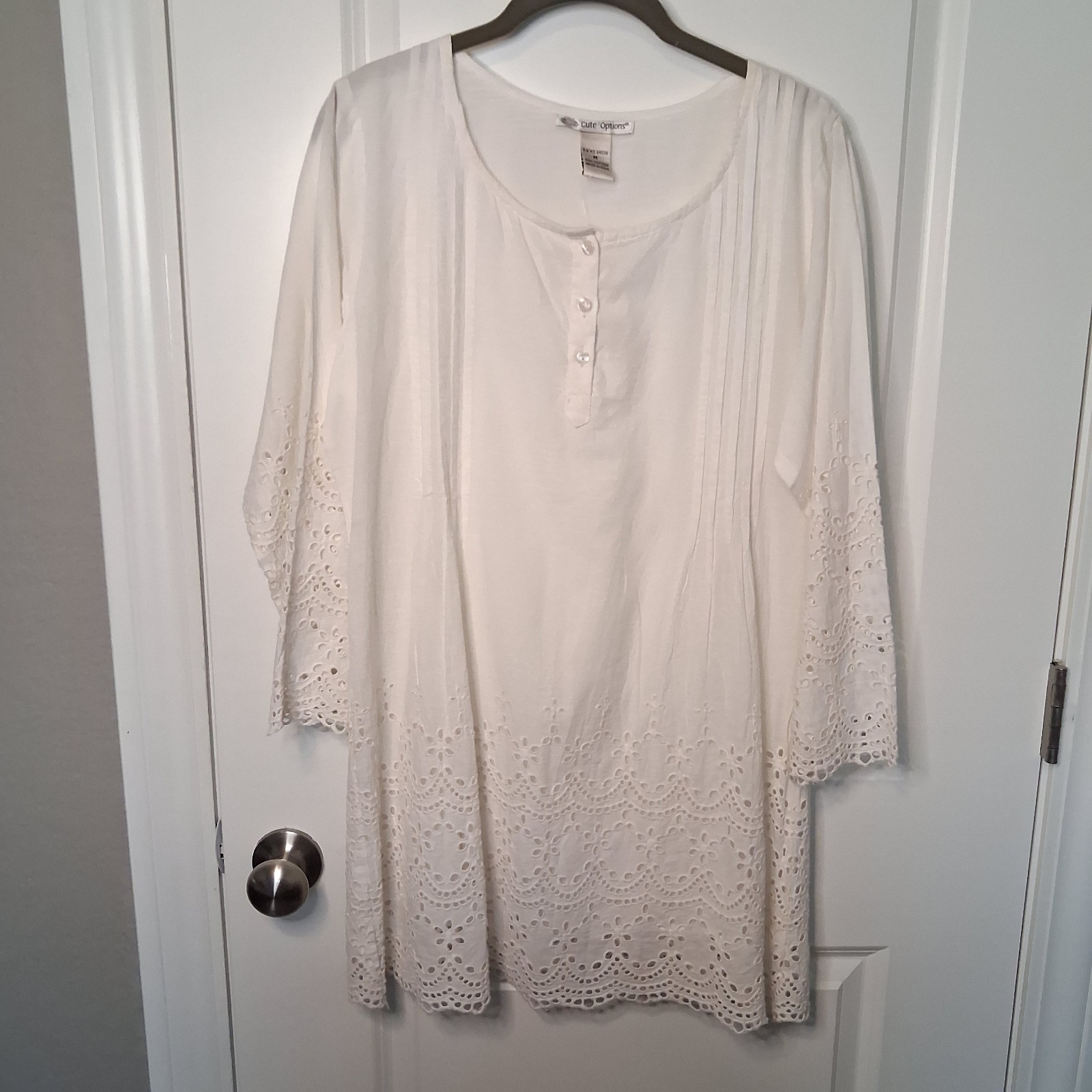 Cute Options Romantic Boho White Cotton Lace Trim Pintuck Tunic Blouse-Size M