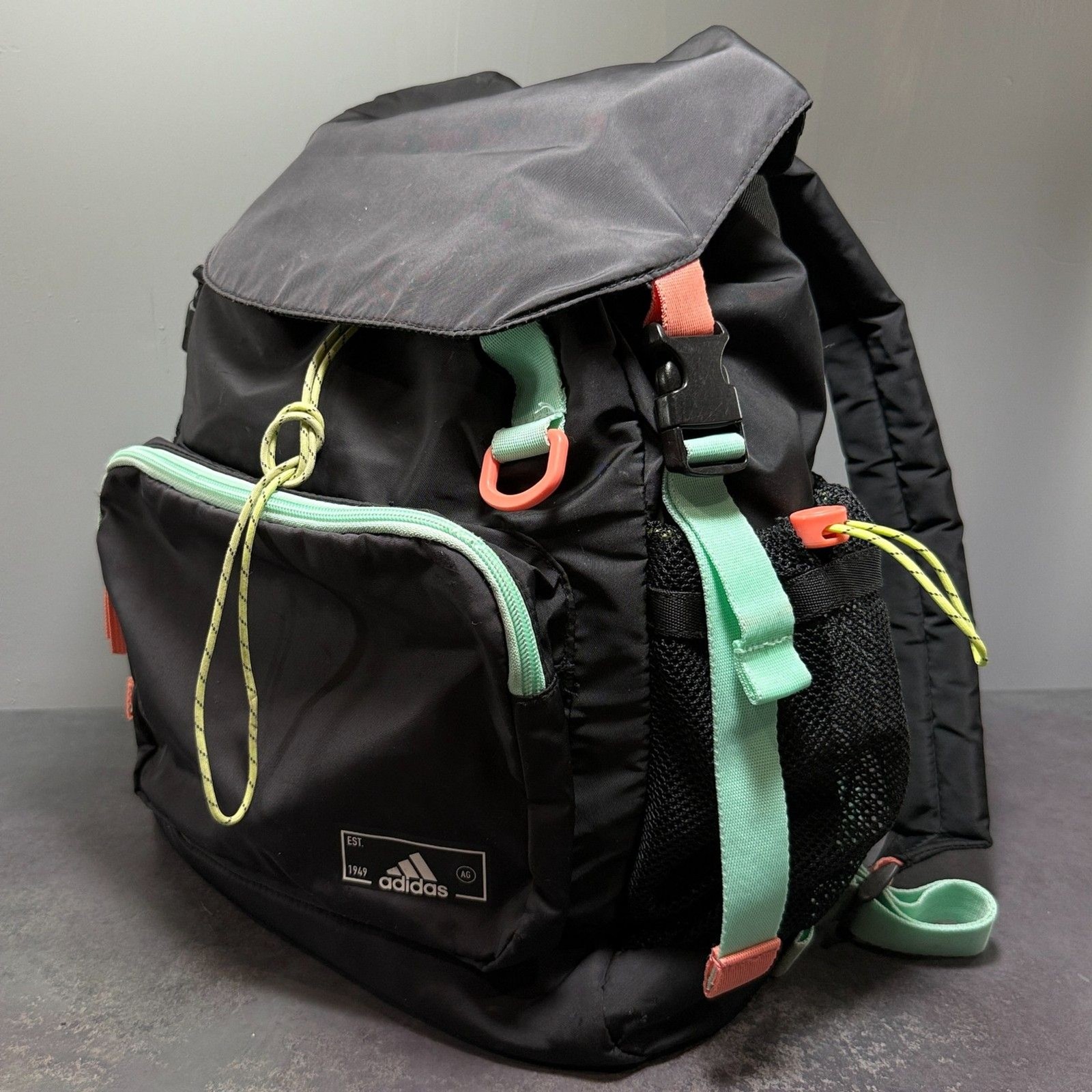 adidas Saturday Backpack Black Vivid Mint Coral Large Cinch School Gym Bag