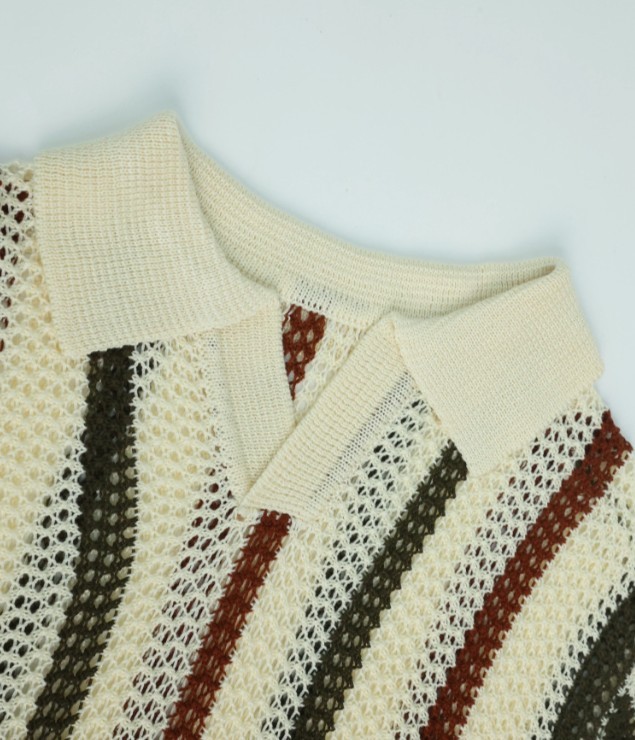 Men’s V-Neck Collared Knit T-Shirt Hollow Out Striped Short Sleeve Tee