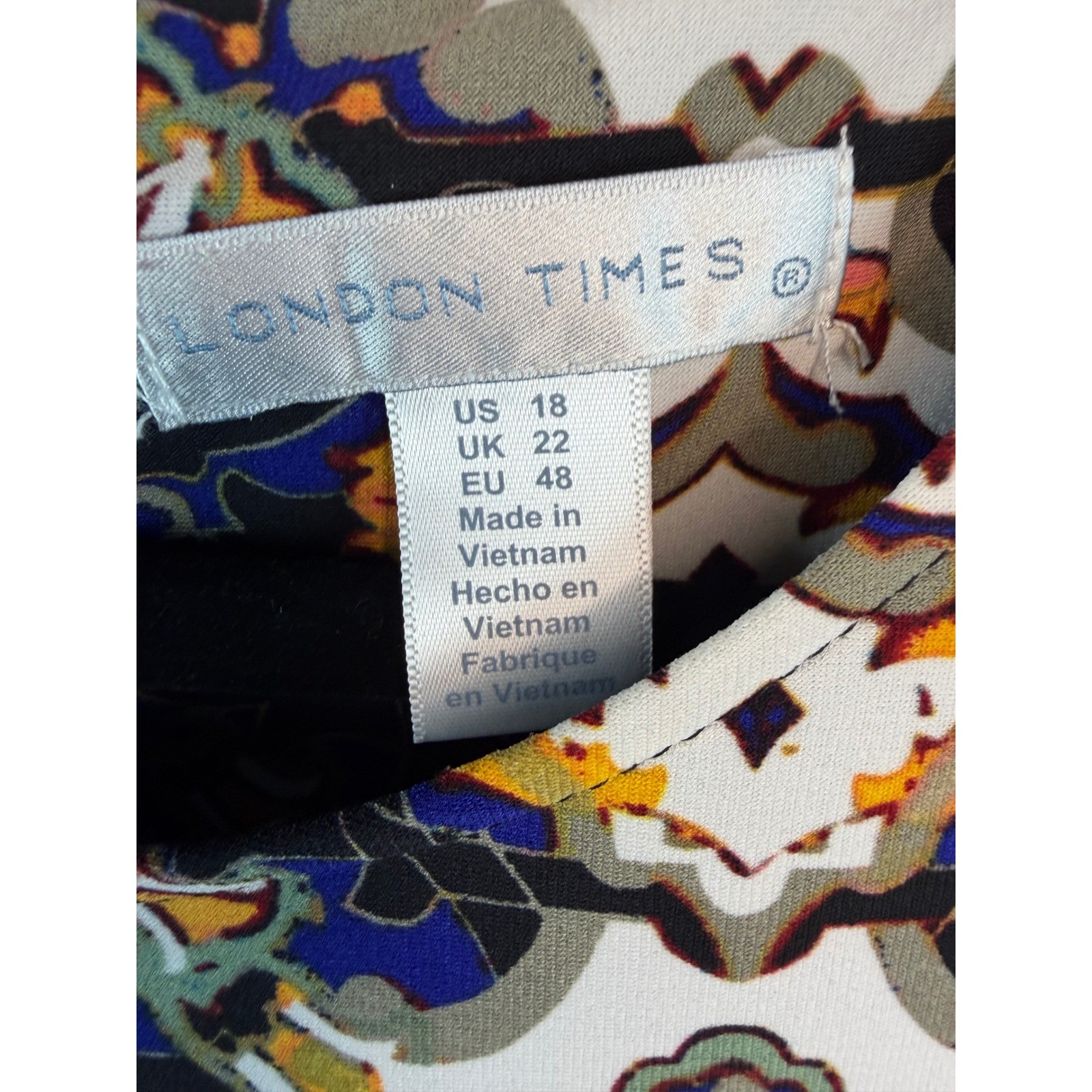 London Times Blue Orange Geometric Tile Print Shift Dress Sz 18 Jersey boho