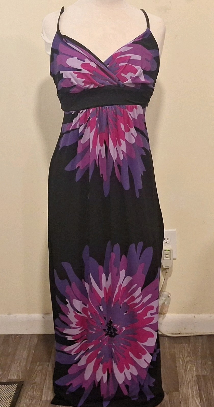 Deliriousal Women’s S Black/Purple/Pink/White Floral V-Neck Maxi Dress Long