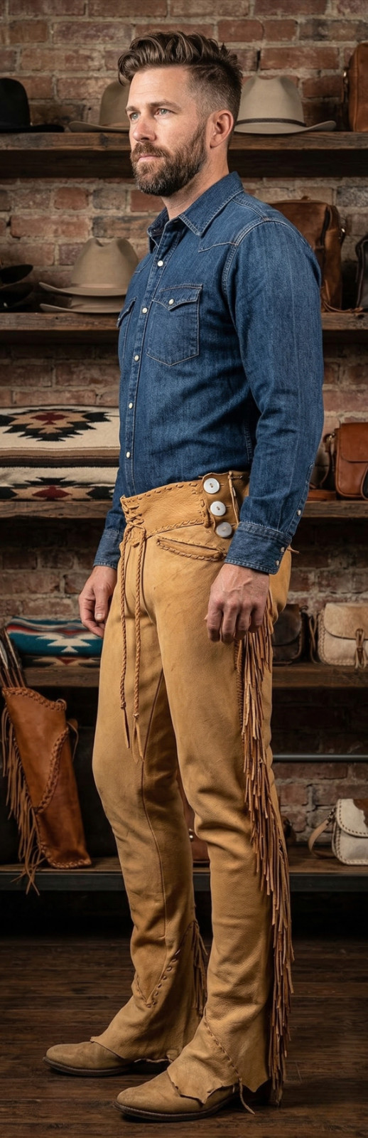 Men Native American Western Buckskin Buffalo Leather Ragged Fringe Pants