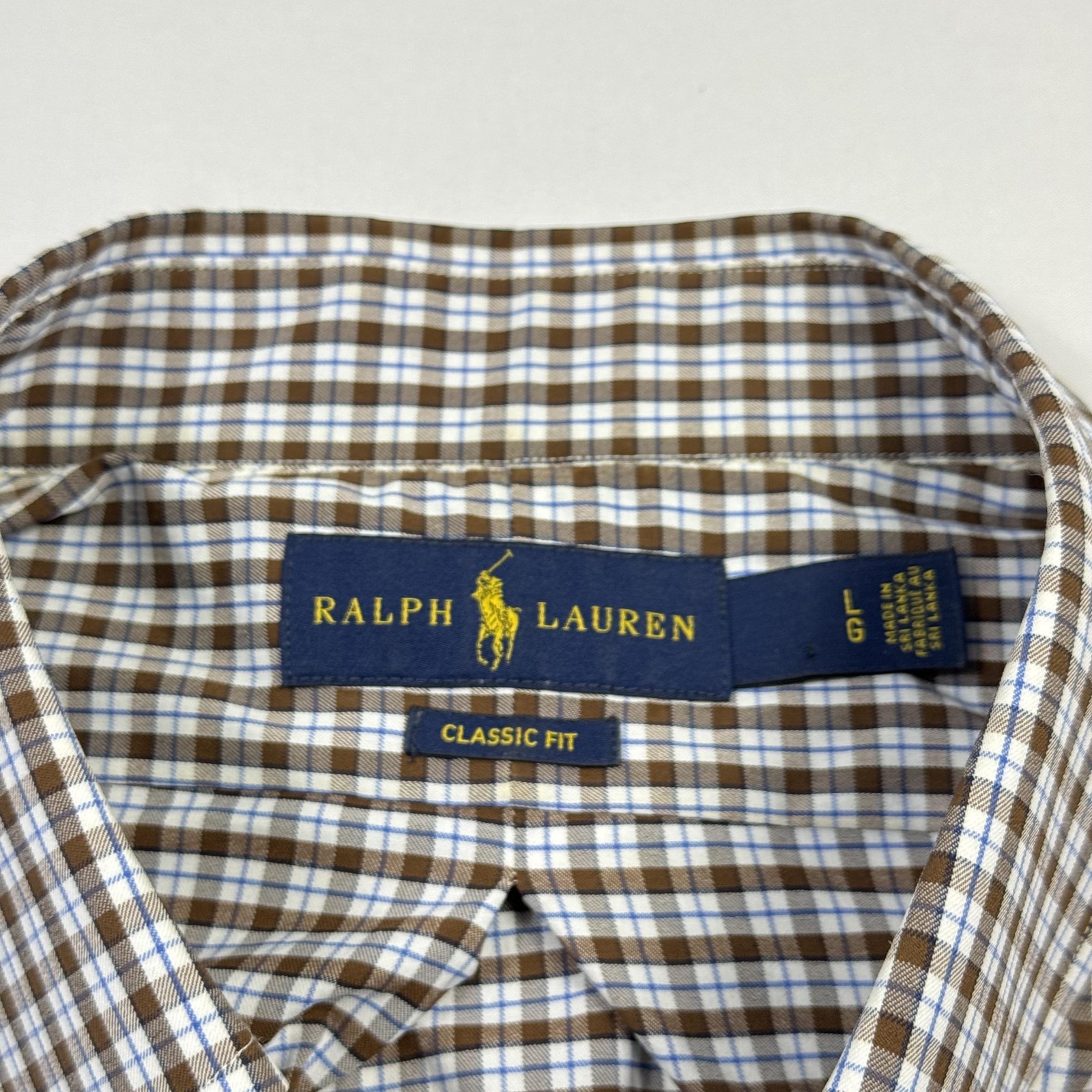 Ralph Lauren Button Shirt Mens Large Brown Blue Plaid Nylon Elastane Long Sleeve