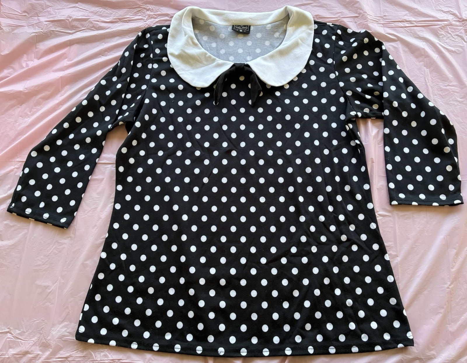 Rock Steady Women’s Top Shirt Black White Polka Dot Collared Bow Pinup Sz 3X