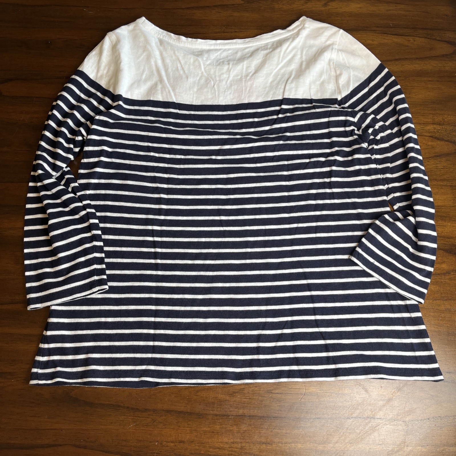Talbots Large Navy White Stripe Top Embroidered Beaded Flowers Coastal Garden