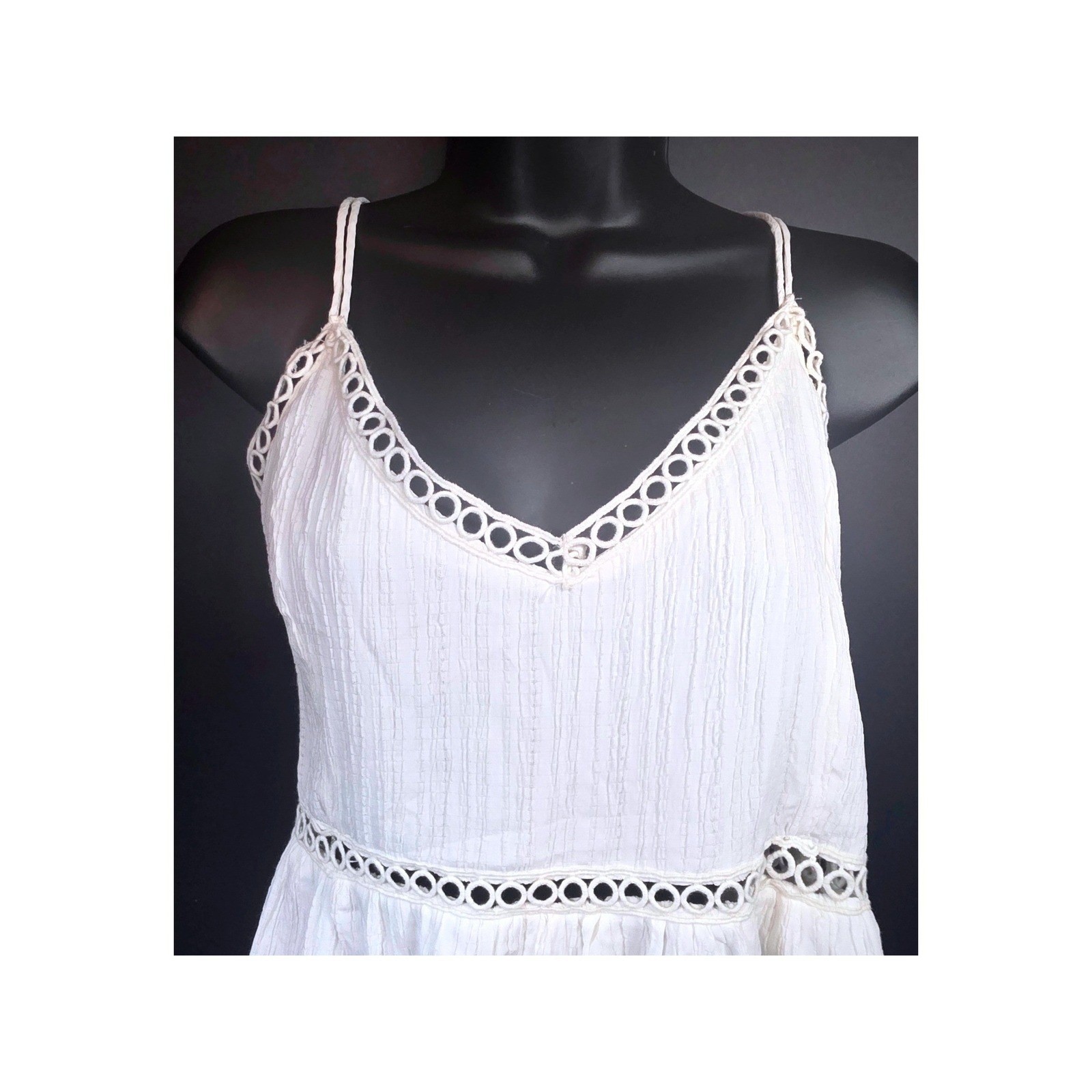 Lulus Ivory Crinkle Gauze Crochet Trim Tiered Maxi Dress Lace Up Back Medium NWT