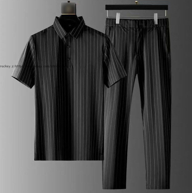 New Summer Ice Silk Mens T-Shirt+Pants Sets Short Sleeve Stripe Thin Outfits Set