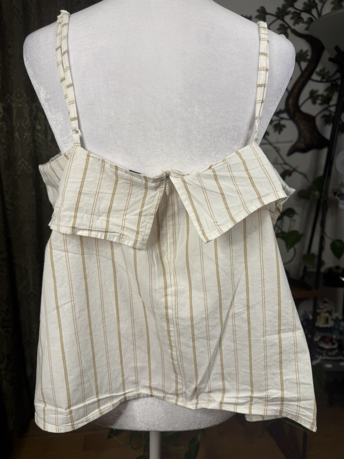 H&M Women’s L White Beige Striped 100% Cotton Zip Spaghetti Strap Cami