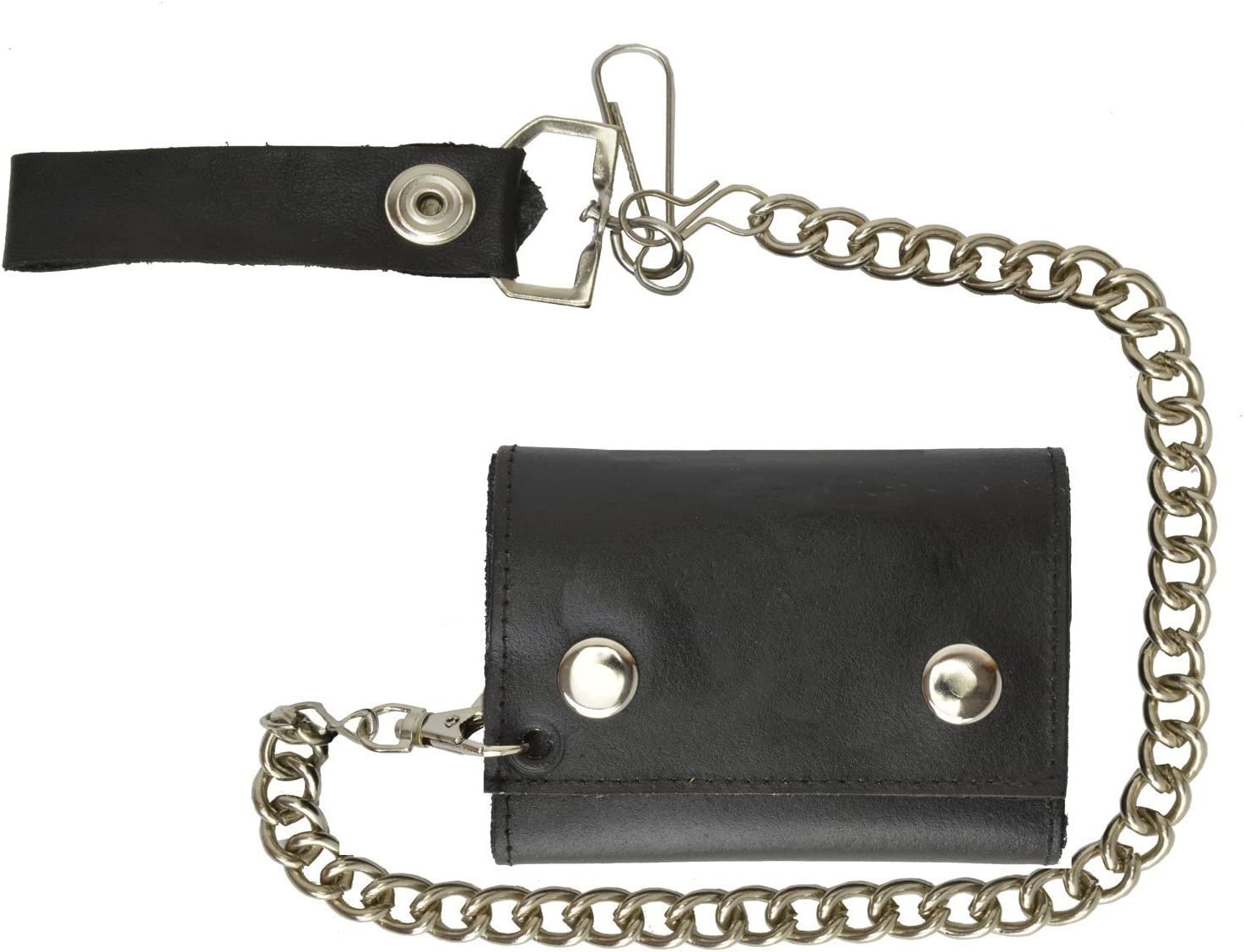 BLACK GENUINE LEATHER Trifold Biker’s Wallet ID Card Holder w/Chain Skull
