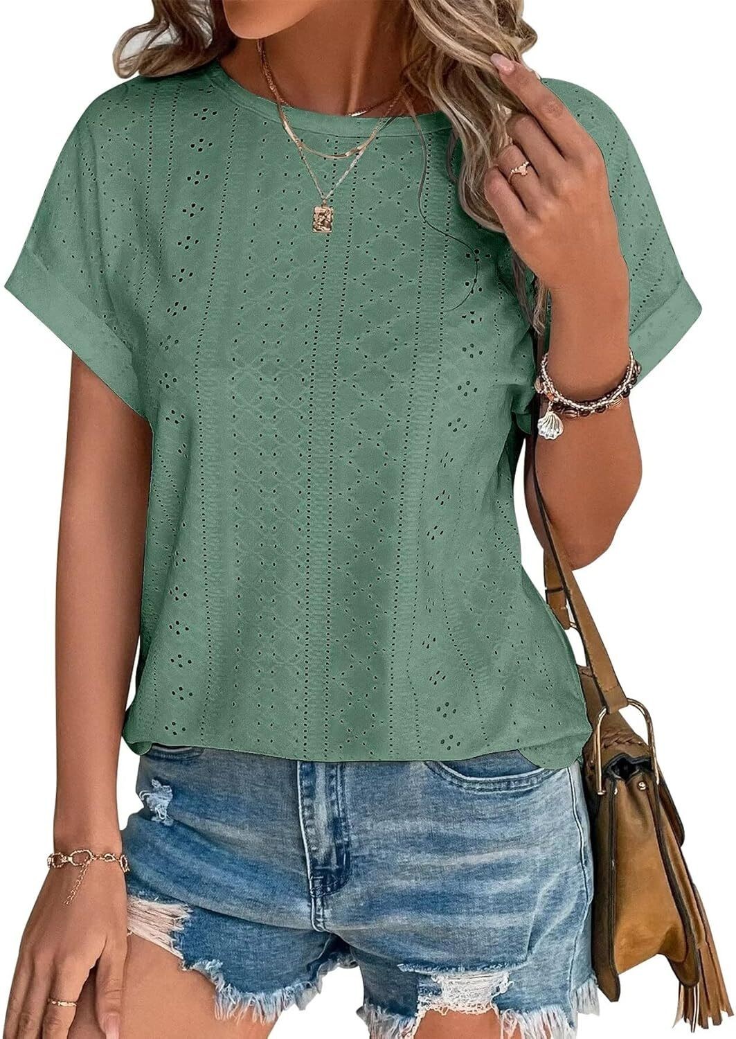 Womens Eyelet Embroidery Top Short Sleeve Curved Hem Loose Fit Summer T Shirt
