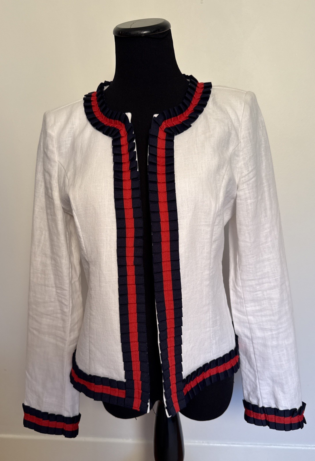 Linen Ribbon Ruffle Trim Blazer S Classic Old Money Preppy Nautical S