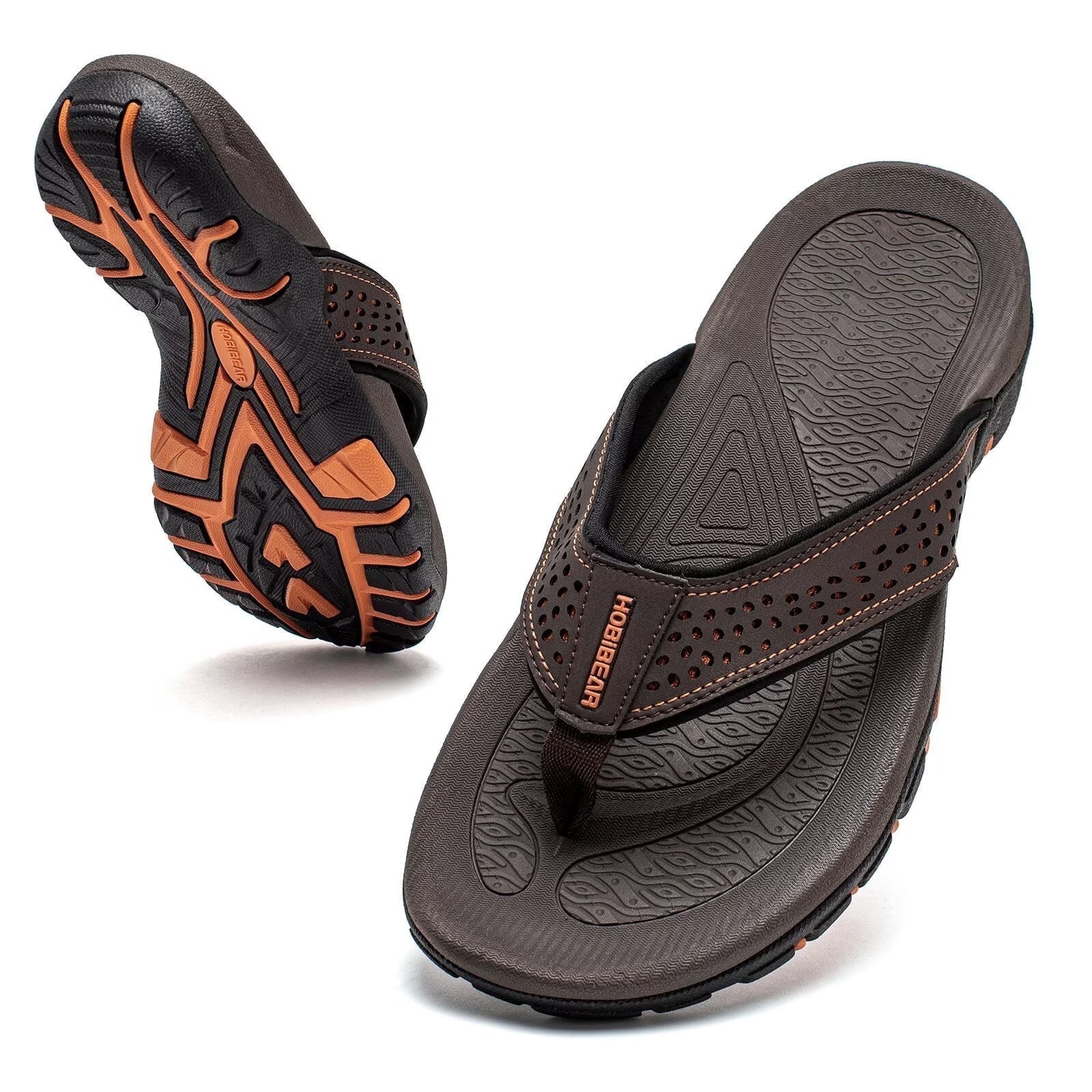 HOBIBEAR Mens Thong Sandals Arch Support Indoor Outdoor Beach Flip Flop Brown