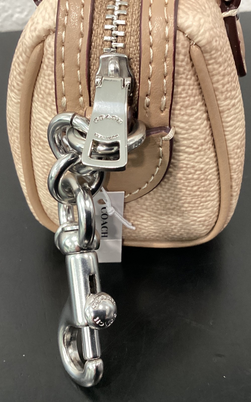 Coach Mini Rowan Bag Charm CX068 Sand Signature Canvas Leather 3.75″x2.5″x2.25″