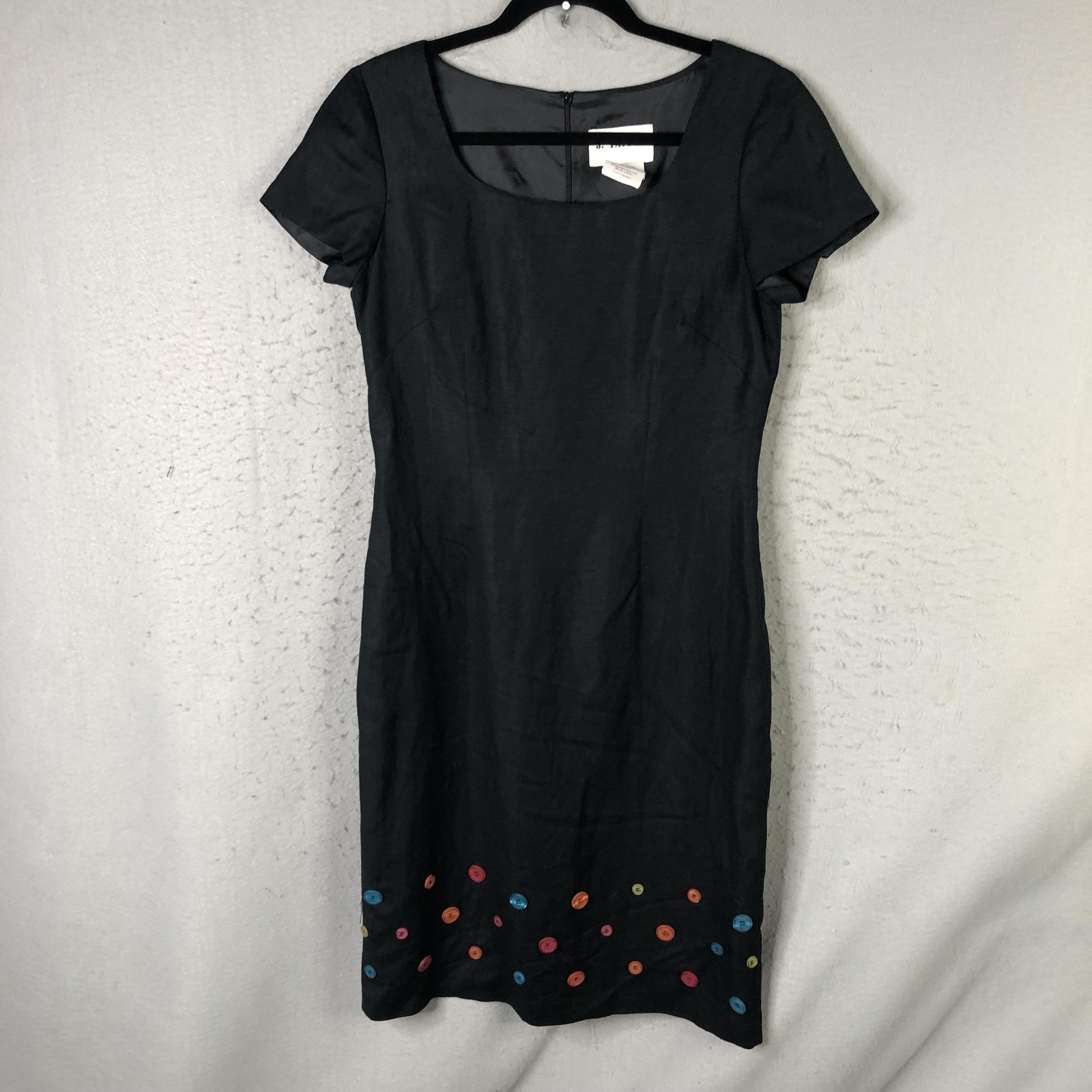 J. Taylor Dress Womens 6 Black Linen Sheath Scoop Neck Button Hem Party Cocktail
