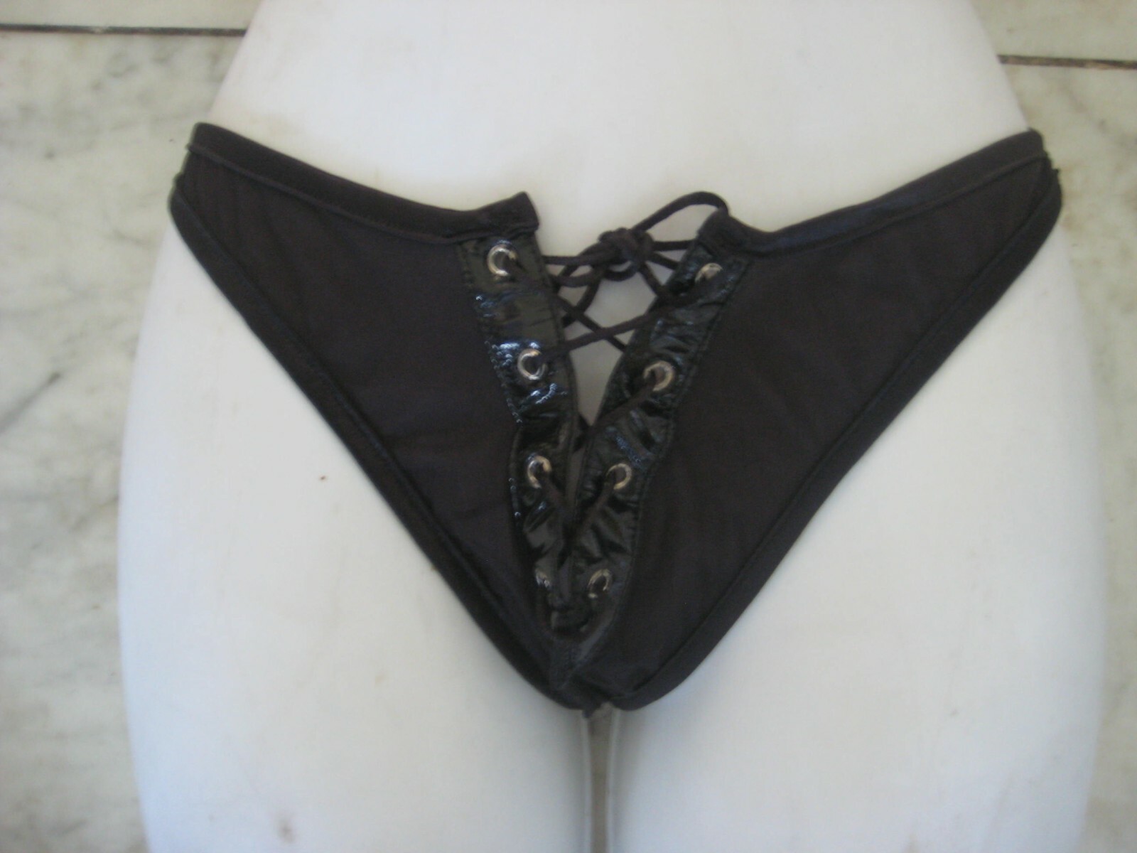 New 2 pc Black PVC / Mesh bra & thong set with Eyelets sexy FREE S&H RARE