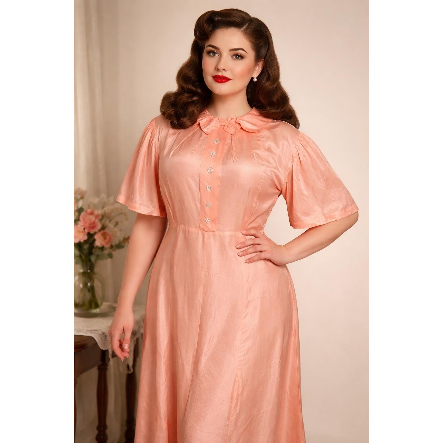 1930s 40s House Dress Nightgown Peach Rayon Rare Size L XL True Vintage