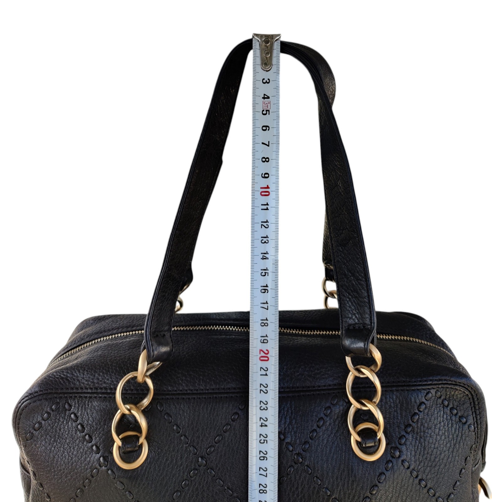 Vintage Chanel Black Leather Bowling Bag Surpique Gold CC Zip Authentic Shoulder