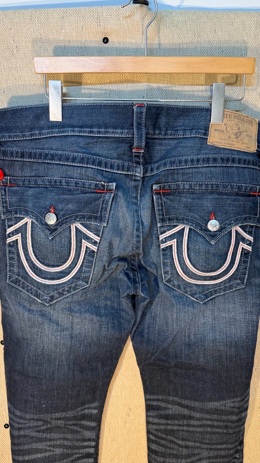 True Religion Straight Flap Red Stitch Dark Wash Jeans Mens 36×27