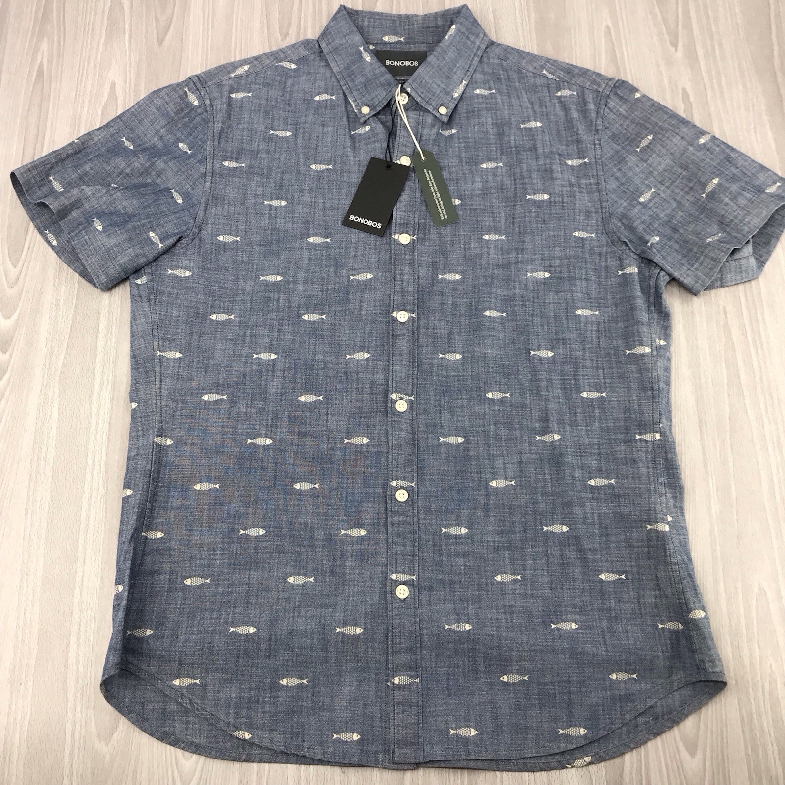 Bonobos Men’s Slim Fit Blue Fish Print Short Sleeve Button Down Shirt Medium