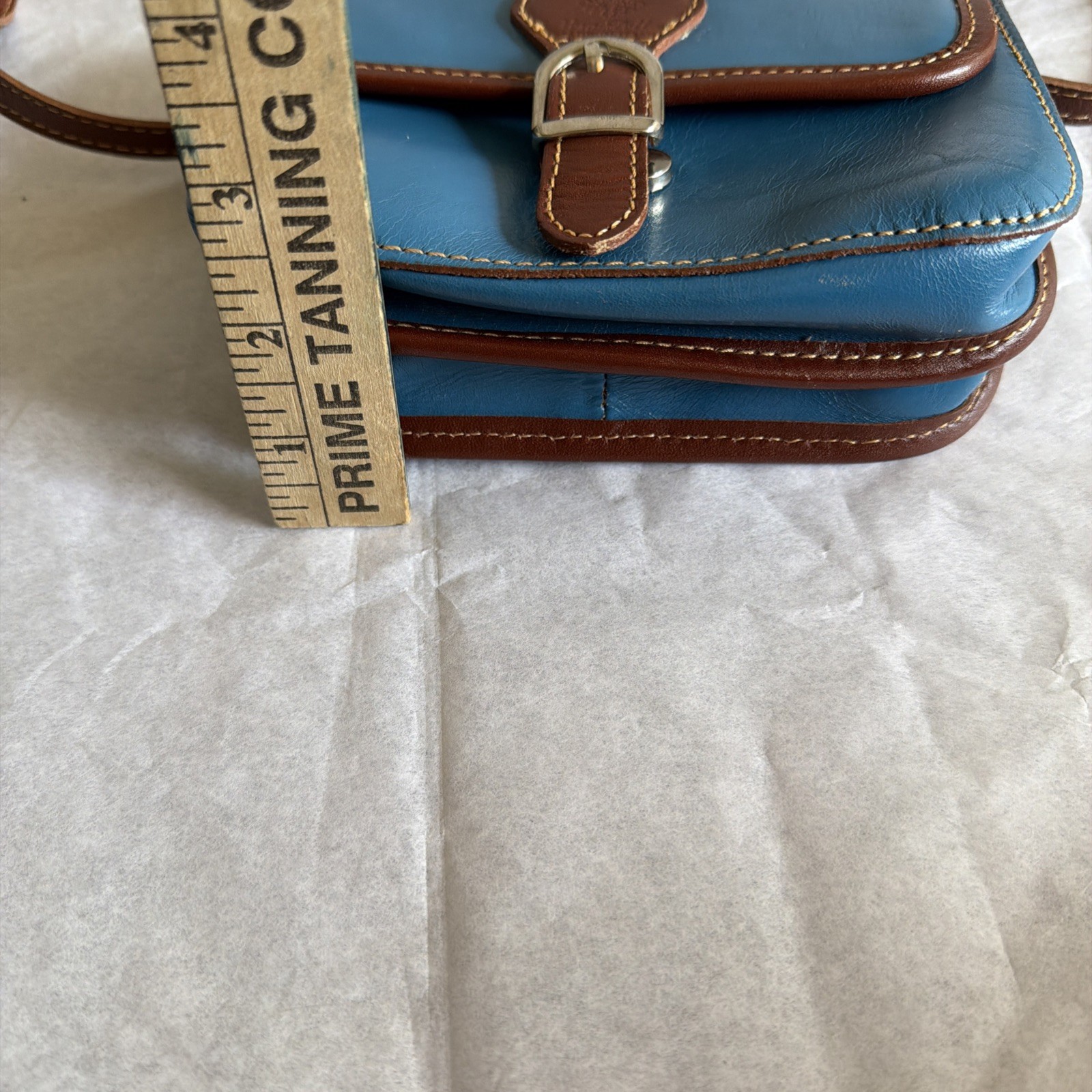 Vera Pelle Leather Crossbody Saddle Bag Genuine Italian Small Teal Blue/Brown