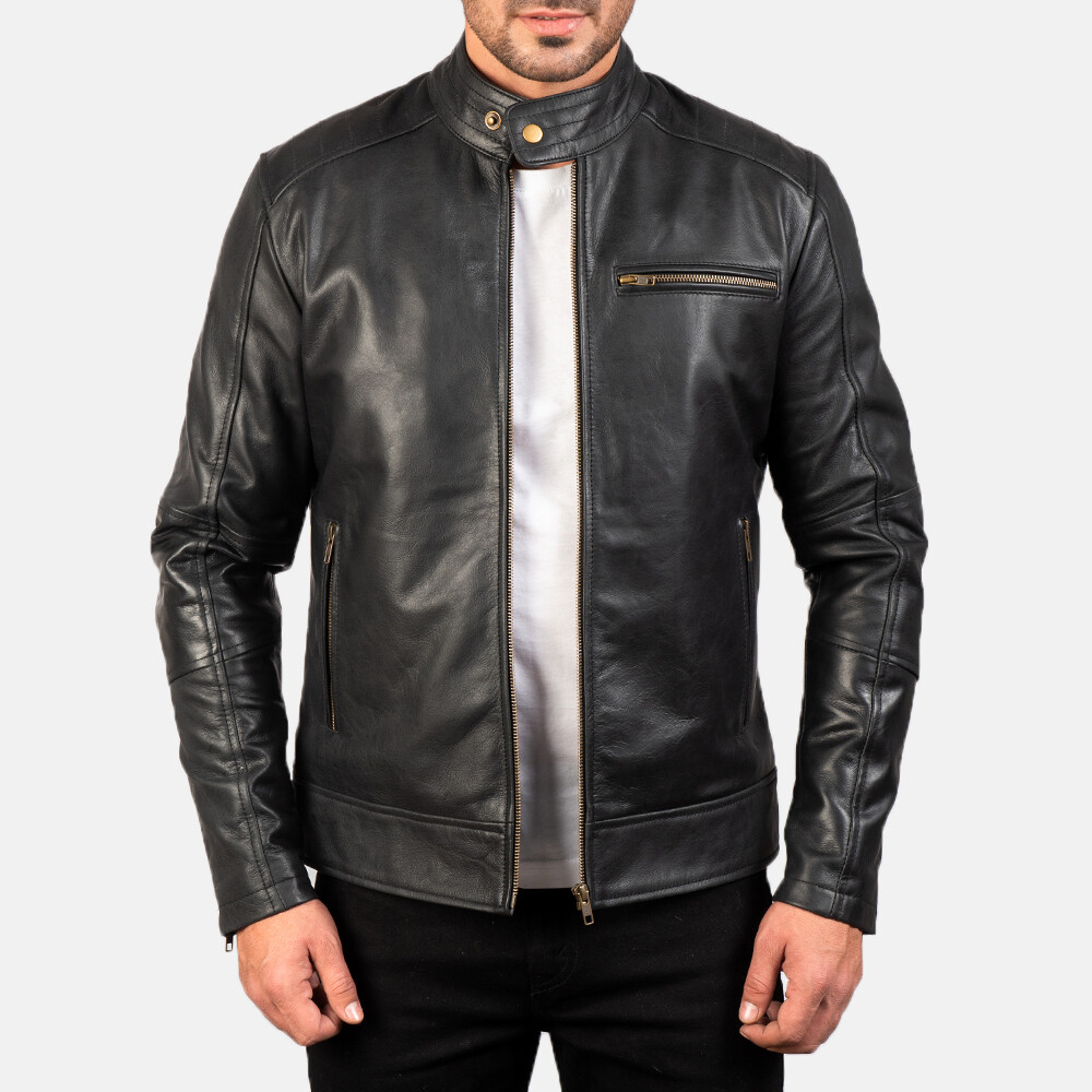 Mens Cafe Racer Leather Jacket Pure Black Lambskin Size XS S M L XL XXL 3XL 4XL