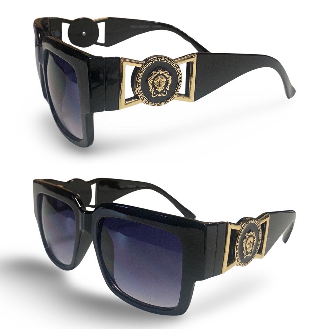 Sunglasses Flat Top Men Women Lion Head Gold Medallion Hip Hop Rapper Black Lens
