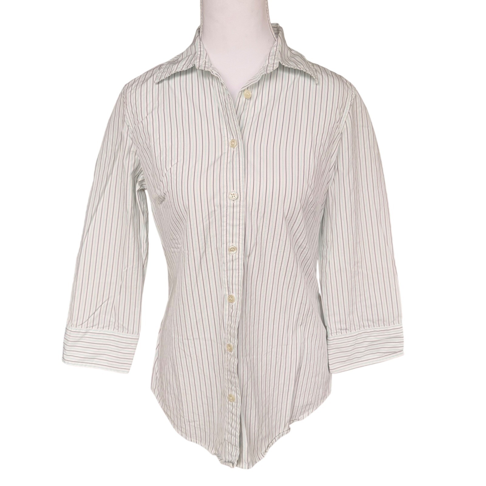 J.Crew Womens Small Teal Grey Striped 100% Cotton 3/4 Sleeve Button Down Shirt