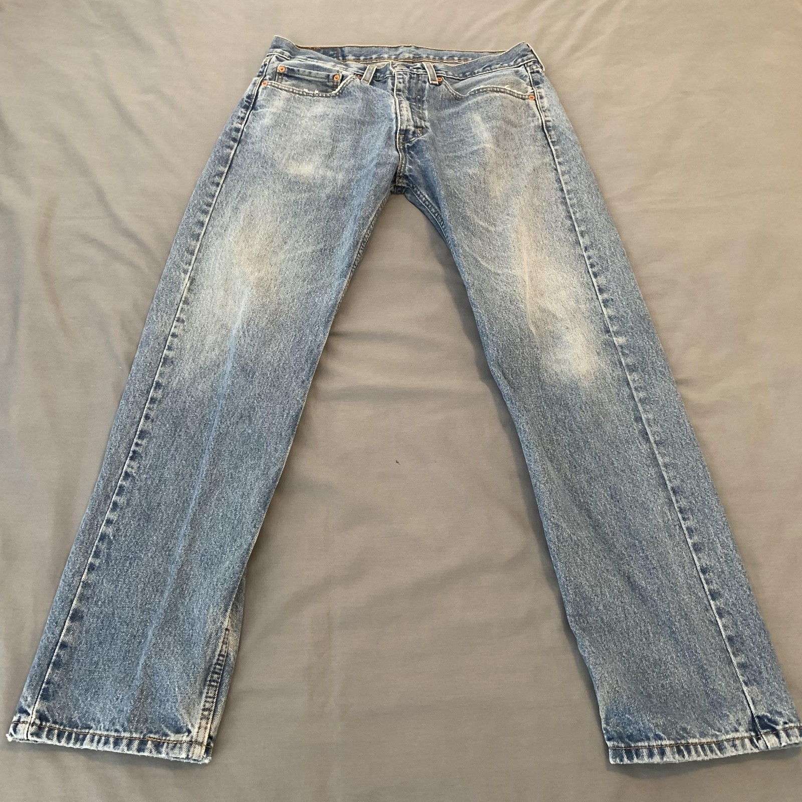 Levis 505 Jeans Mens 34×32 Blue Light Wash Regular Fit Straight Denim Distressed