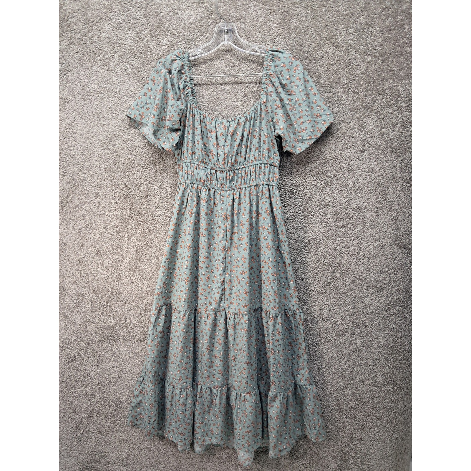Hint of Blush Womens Floral Midi Dress Sage Green Smocked Tiered Boho Size M