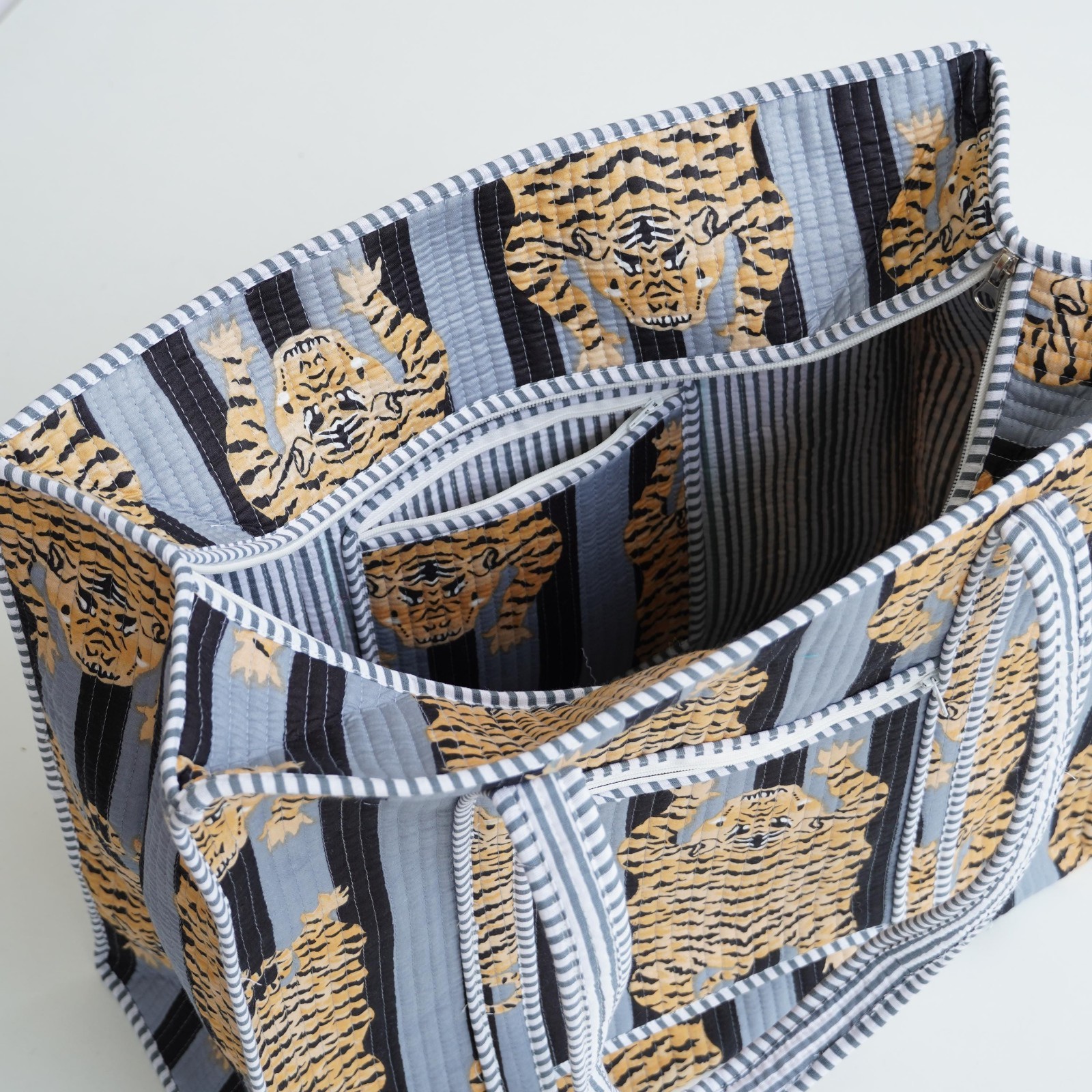 Handmade Cotton Tote Bag Grey Black Tiger Print Boho Shoulder Shopper Bag