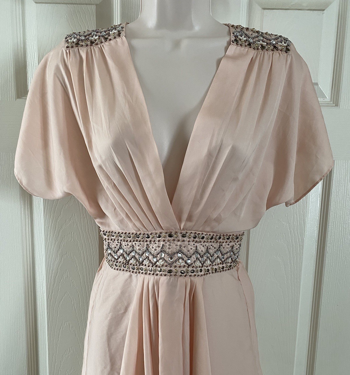 Forever 21 Peach Beaded Romantic Ethereal Babydoll V-Neck Top Short Sleeve ~ S
