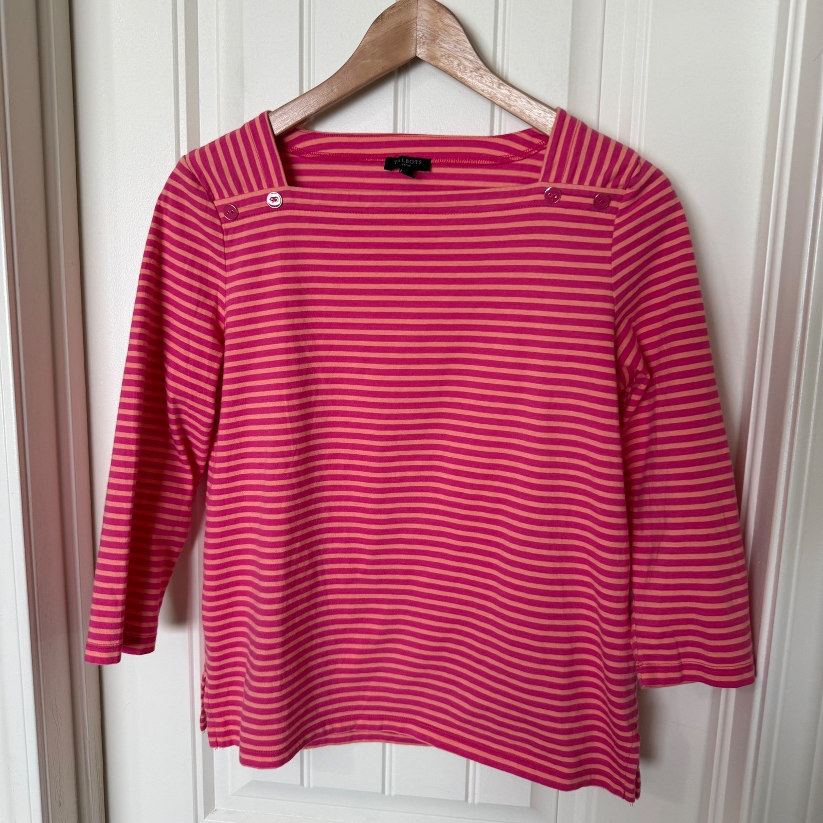 Talbots Striped Boatneck Top Women SP Pink Orange Excellent 3/4 Sleeve Button