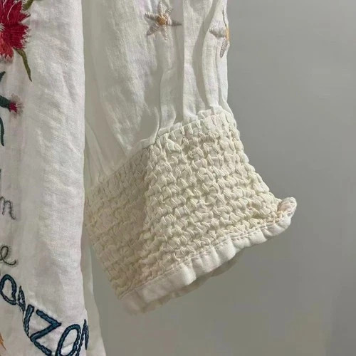 NWOT Johnny Was 100% Ramie Embroidered Floral Button-Down Tunic Shirt Blouse S
