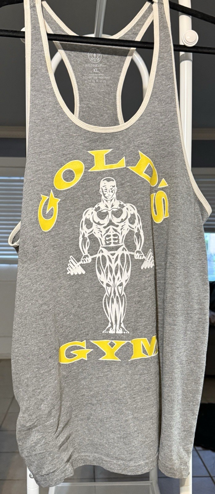 Vintage Gold’s Gym EXTRA LARGE GRAY YELLOW Racerback Muscle Tank Top *PRE LOVED*