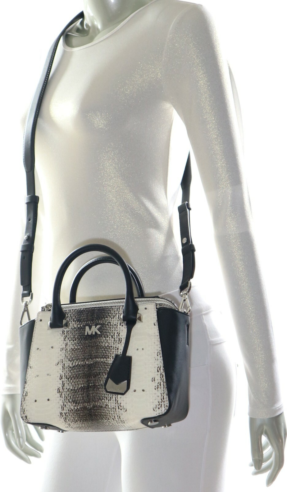 Michael Kors Nolita Mini Messenger Embossed Leather Natural/Black NWT$328.00